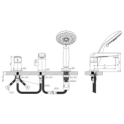 Встраиваемый смеситель на борт ванны, на 3 отверстия, 5-ти режимная лейка, высота излива 8 см, длина