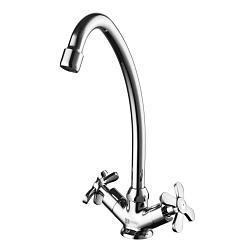 Смеситель для кухни с поворотным изливом, двуручковый, высота излива 24 см, длина 14 см, латунь/хром