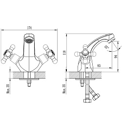 Смеситель для раковины, монолитный, двуручковый, высота излива 9 см, длина 8 см, латунь/хром