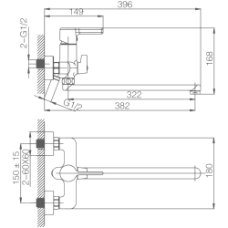 Смеситель для ванны, длинный излив, латунь, хром HB22814