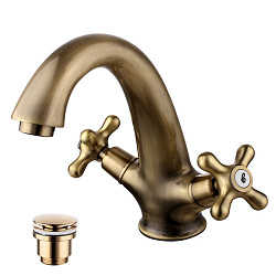 ВЫВОД VINTAGE Смеситель для раковины, монолитный с донным клапаном клик-клак, двуручковый,латунь/бро
