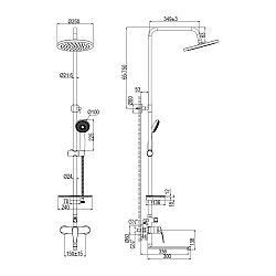 LINARAДушевая система с верхним душем Ø25 см и поворот. изливом 30 см, регулир. высота 1,5~1,6м, лат