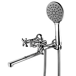 Смеситель для ванны с плоским изливом 20 см, двуручковый, поворотный переключатель, латунь/хром