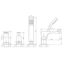Встраиваемый смеситель на борт ванны на 3 отверстия, каскадный, высота излива 10 см, длина 13,5 см,