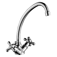 Смеситель для раковины с поворотным изливом,  двуручковый, высота излива 16 см, длина 11 см, латунь/