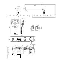 Встраиваемый смеситель с верхним душем 40х40 см, лейка для душа 3 режима, каскадный излив 15 см, лат