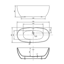 Ванна акриловая Vincea VBT-405-1700, 1700*800*580, цвет белый, щелевой перелив, , шт