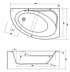 Ванна асимметр.: KALIOPE 153x100, правая, ультра белый, Сорт1