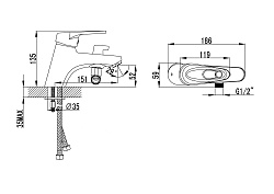 Смеситель на борт ванны с коротким изливом и лейкой для душа 5 режимов, высота излива 5 см, длина 15