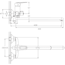 Смеситель для ванны, длинный излив, латунь, хром HB2236