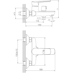 Смеситель для ванны, силумин + силикон, патент, хром HB60198