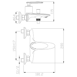 Смеситель для ванны с коротким изливом, поворотный переключатель, 3-х реж.лейка, латунь/хром,RS30-31