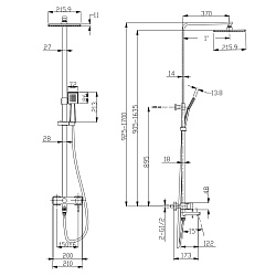 Душевая система с верхним душем 22х22 см и поворотным изливом-переключателем, регулируемая высота 1,