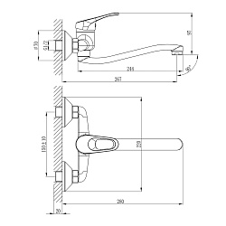Смеситель для кухни, настенный, с нижним S-образным изливом 22 см, латунь/хром
