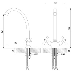 Смеситель для кухни с поворотным изливом, двуручковый, высота излива 24 см, длина 19 см, латунь/хром