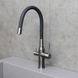 ВЫВОД EXPERT Смеситель для кухни с гибким изливом с подкл.к фильтру пит.воды, нерж. сталь / графит