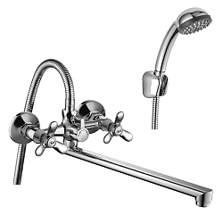 Смеситель универсальный с плоским изливом 35 см, двуручковый, поворотный переключатель, латунь/хром