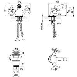 ВЫВОД VINTAGE Смеситель для биде с донным клапаном клик-клак, двуручковый,латунь/бронза
