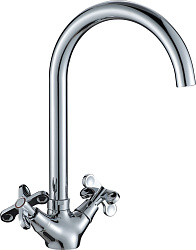 Смеситель для кухни с поворотным изливом, двуручковый, высота излива 21,5 см, длина 18 см, латунь/хр