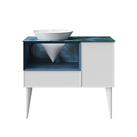 Тумба CONO подвесная с открытой полкой и ящиками 97, белая матовая-синяя