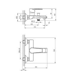Смеситель для ванны с коротким изливом, вытяжной переключатель, 5-ти режимная лейка, латунь/хром, RS