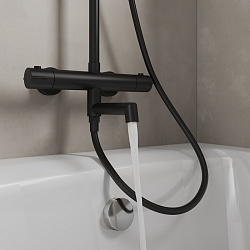 Смеситель термостатический для ванны со стойкой и тропической лейкой, черный матовый, Ideal Spa, Mil