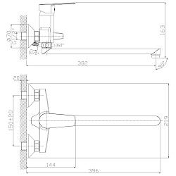Смеситель универсальный с плоским изливом 32 см, поворотный переключатель, 5-ти реж.лейка, S35-33