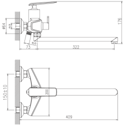 Смеситель для ванны, длинный излив, латунь черный/хром HB22548-7