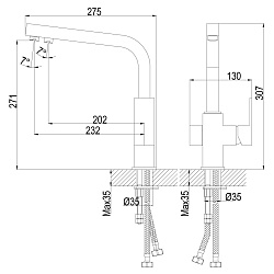 Смеситель для кухни с подключением к фильтру питьевой воды, высота излива 27 см, длина 23 см, латунь