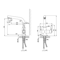 Смеситель для кухни с подключением к фильтру питьевой воды, высота излива 24 см, длина 21 см, латунь