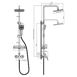 Душевая система с верхним душем 23х23 см, регулируемая высота 0,9~1,6м, латунь/хром