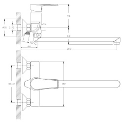 Смеситель универсальный с плоским изливом 32 см, поворотный переключатель, 5-ти реж.лейка, RS28-33