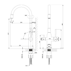 Смеситель для кухни с гибким изливом с подключением к фильтру питьевой воды, высота излива 32 см, дл