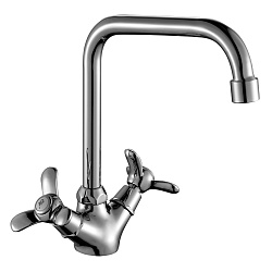 Смеситель для кухни с поворотным изливом, двуручковый, высота излива 18 см, длина 18 см, латунь/хром