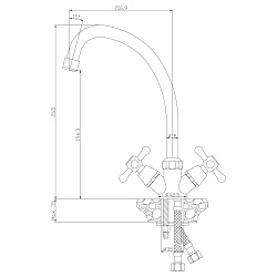 Смеситель для кухни с поворотным изливом, двуручковый, высота излива 20 см, длина 16 см, латунь/хром