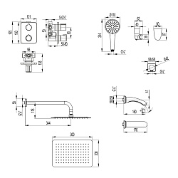 BRONX Встраиваемый термостатический смеситель с верхним душем 30х30 см, 3-х режимной лейкой для душа