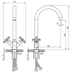 Смеситель для кухни с поворотным изливом, двуручковый, высота излива 23 см, длина 18,5 см, латунь/хр