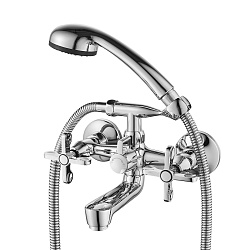 Смеситель для ванны с коротким фиксированным изливом, двуручковый, поворотный переключатель, латунь/