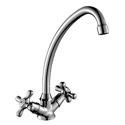 Смеситель для кухни с поворотным изливом, двуручковый, высота излива 24 см, длина 19 см, латунь/хром