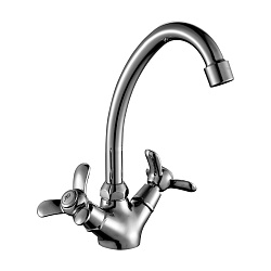 Смеситель для кухни с поворотным изливом, двуручковый, высота излива 17 см, длина 16 см, латунь/хром