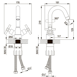 NEOСмеситель для раковины с поворот изливом, двуручковый, высота излива 13 см, длина 12 см, латунь/х