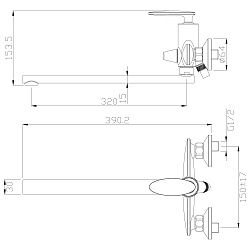 Смеситель универсальный с плоским изливом 32 см, поворотный переключатель, 3-х реж.лейка, RS30-32