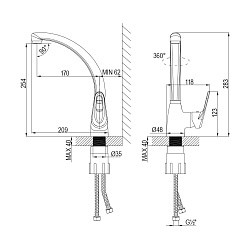 Смеситель для кухни с поворотным изливом, высота излива 25 см, длина 17 см, латунь/хром