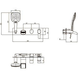 Встраиваемый смеситель для ванны и душа, лейка для душа 3 режима, каскадный излив 15 см, латунь/хром