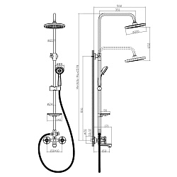 Душевая система с верхним душем Ø20 см и изливом 10 см, рег.высота 0,9~1,6м, латунь/хром, RS42-46