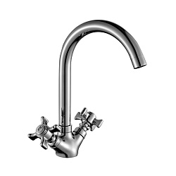 Смеситель для кухни с поворотным изливом, двуручковый, высота излива 21,5 см, длина 18см, латунь/хр