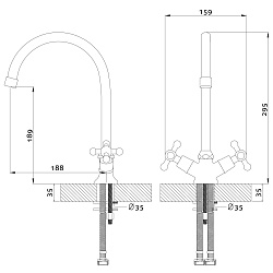 Смеситель для кухни с поворотным изливом, двуручковый, латунь/хром, G02-72