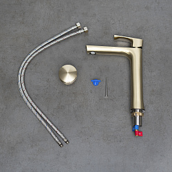 URSUS Смеситель для раковины, высокий, монолитный, с дон.клапаном, латунь/браш.светлое золото