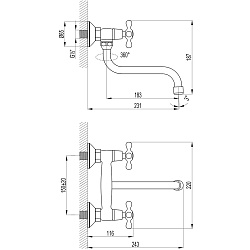 STANDARDСмеситель для кухни/раковины, настенный, двуручковый, с круглым изливом 18,4 см, латунь/хром