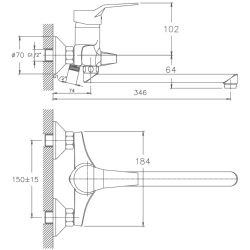Смеситель для ванны, длинный излив, латунь, хром HB2263